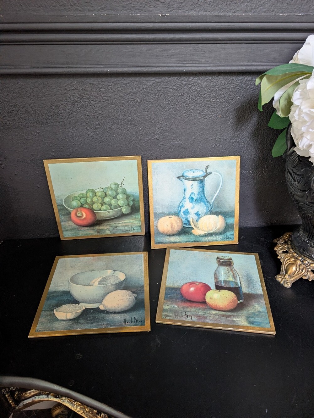 Vintage, set of 4, still-life fruit and kitchenware prints signed by Boss